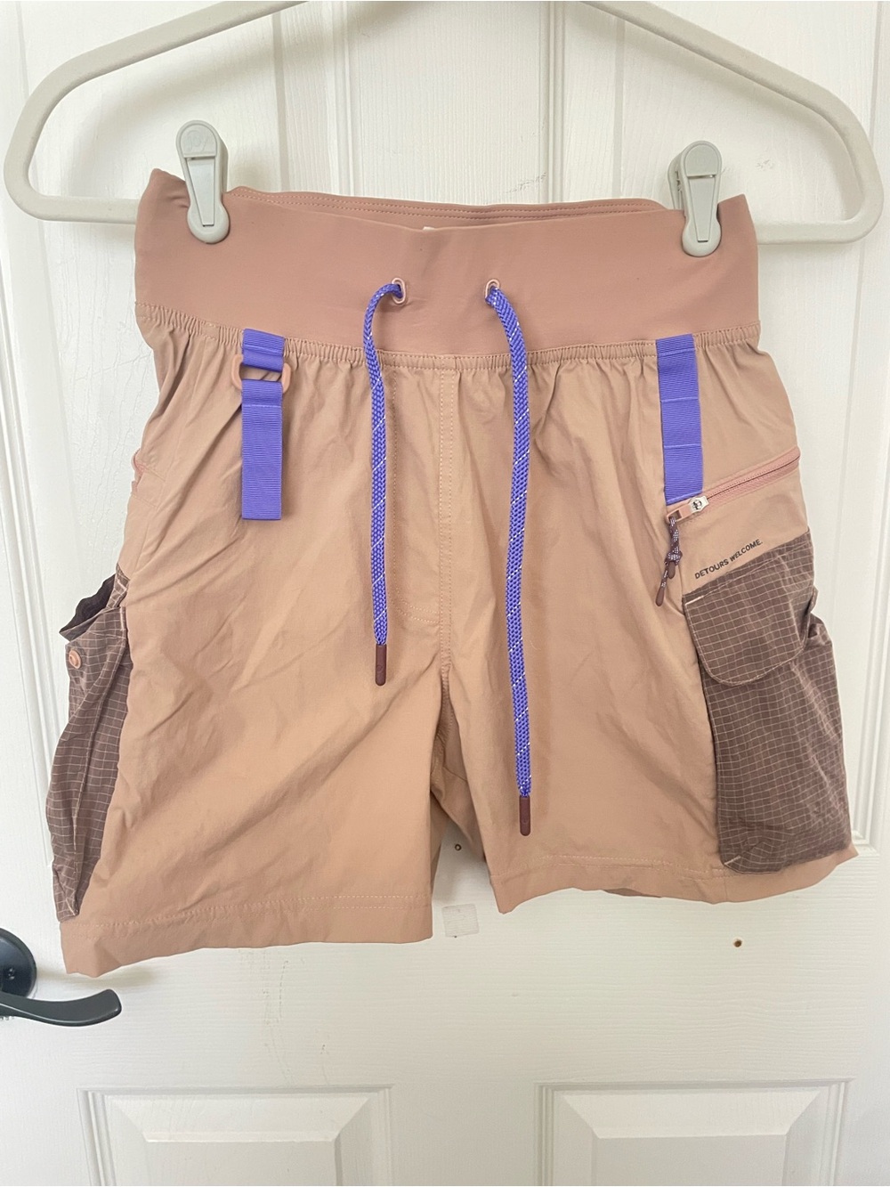 lululemon athletica Tan Athletic Cargo Shorts with Purple Accents
